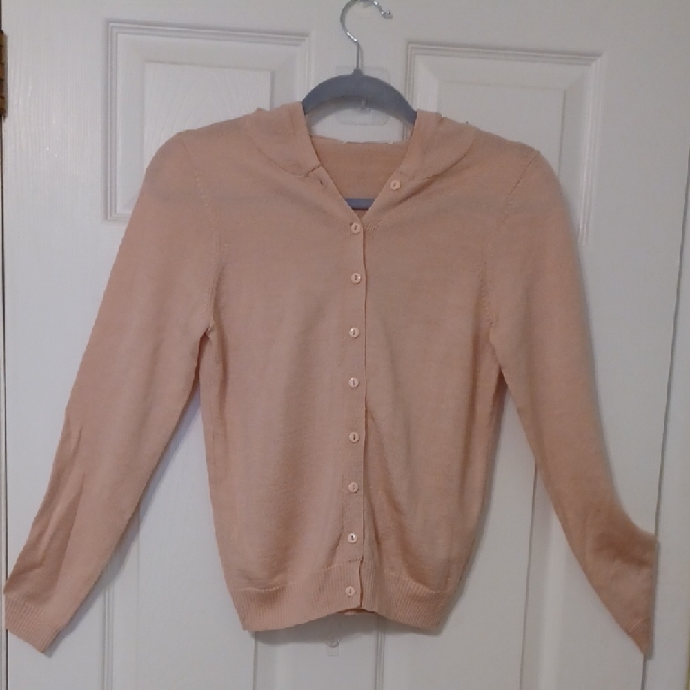 Kinloch Anderson Sz S, wool, Silk Blend, Peach Button-Up, Hooded Sweater.